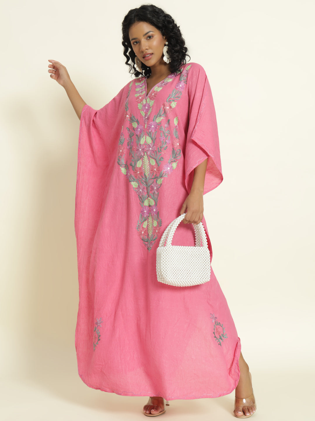 Rose Pink Cotton Kaftan with Lavender and Mint Floral Embroidery – THE DAL SERIES