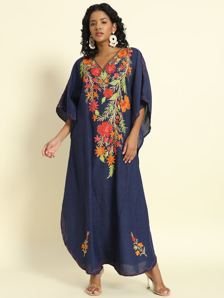 Midnight Navy Kaftan with Multicolor Aari Embroidery – THE DAL SERIES