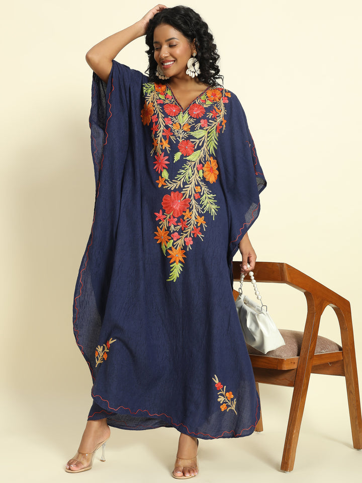 Midnight Navy Kaftan with Multicolor Aari Embroidery – THE DAL SERIES