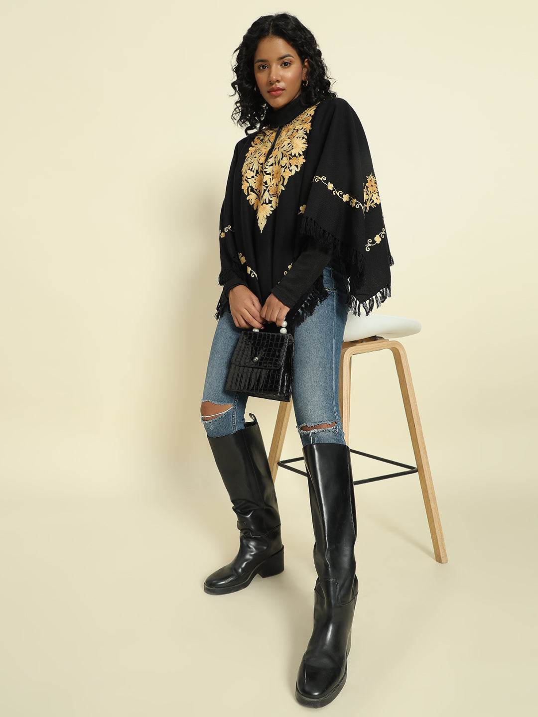 Gulmarg Series: Mystic Black Woolen Poncho