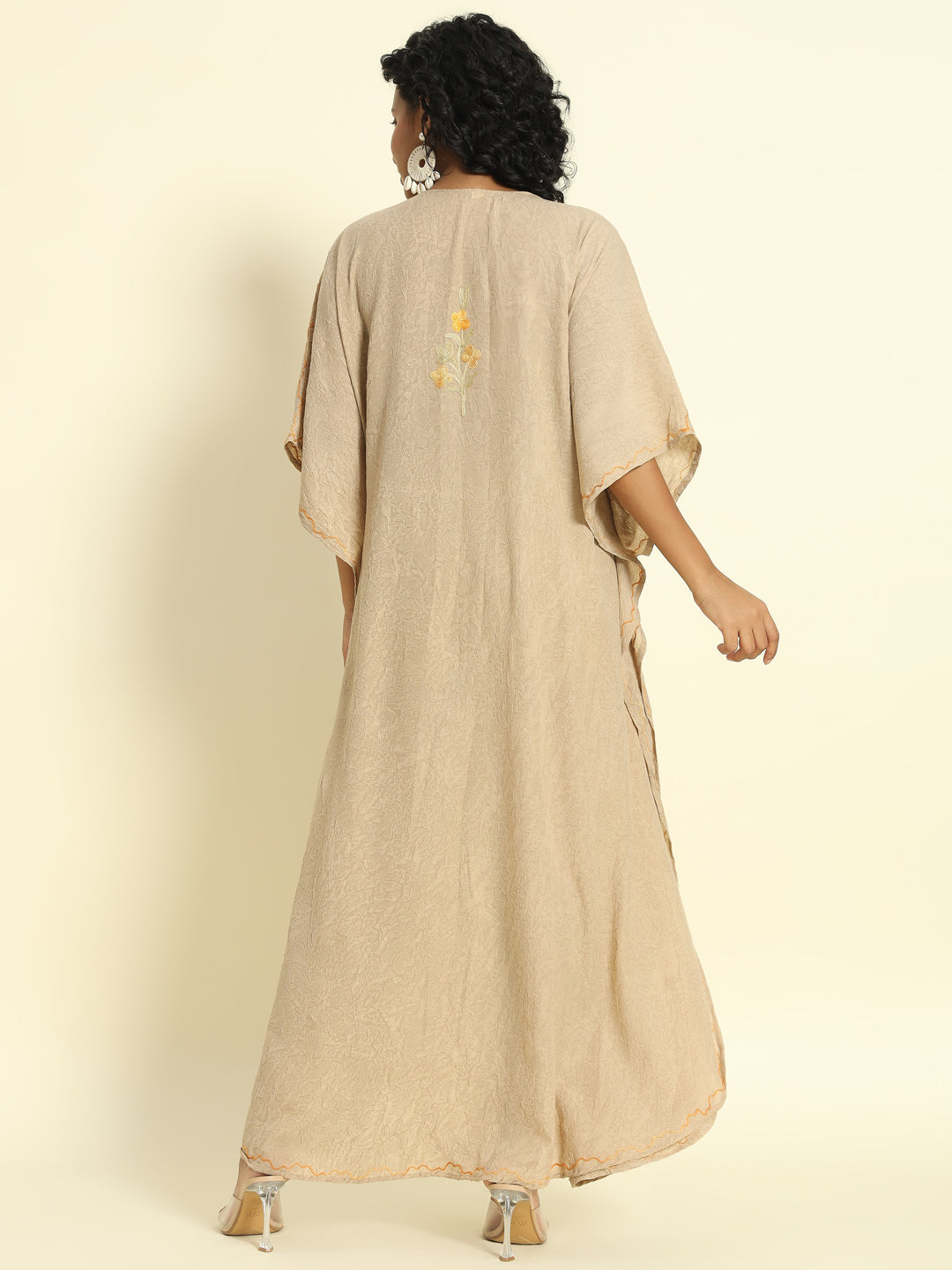 Beige Cotton Kaftan with Yellow and Orange Floral Embroidery THE DAL URFA Beige Cotton Kaftan with Yellow and Orange Floral Embroidery THE DAL URFA