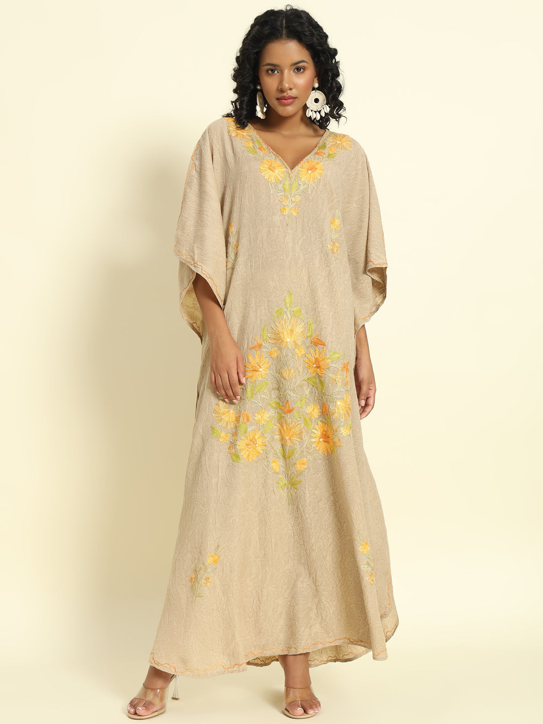 Beige Cotton Kaftan with Yellow and Orange Floral Embroidery – THE DAL SERIES
