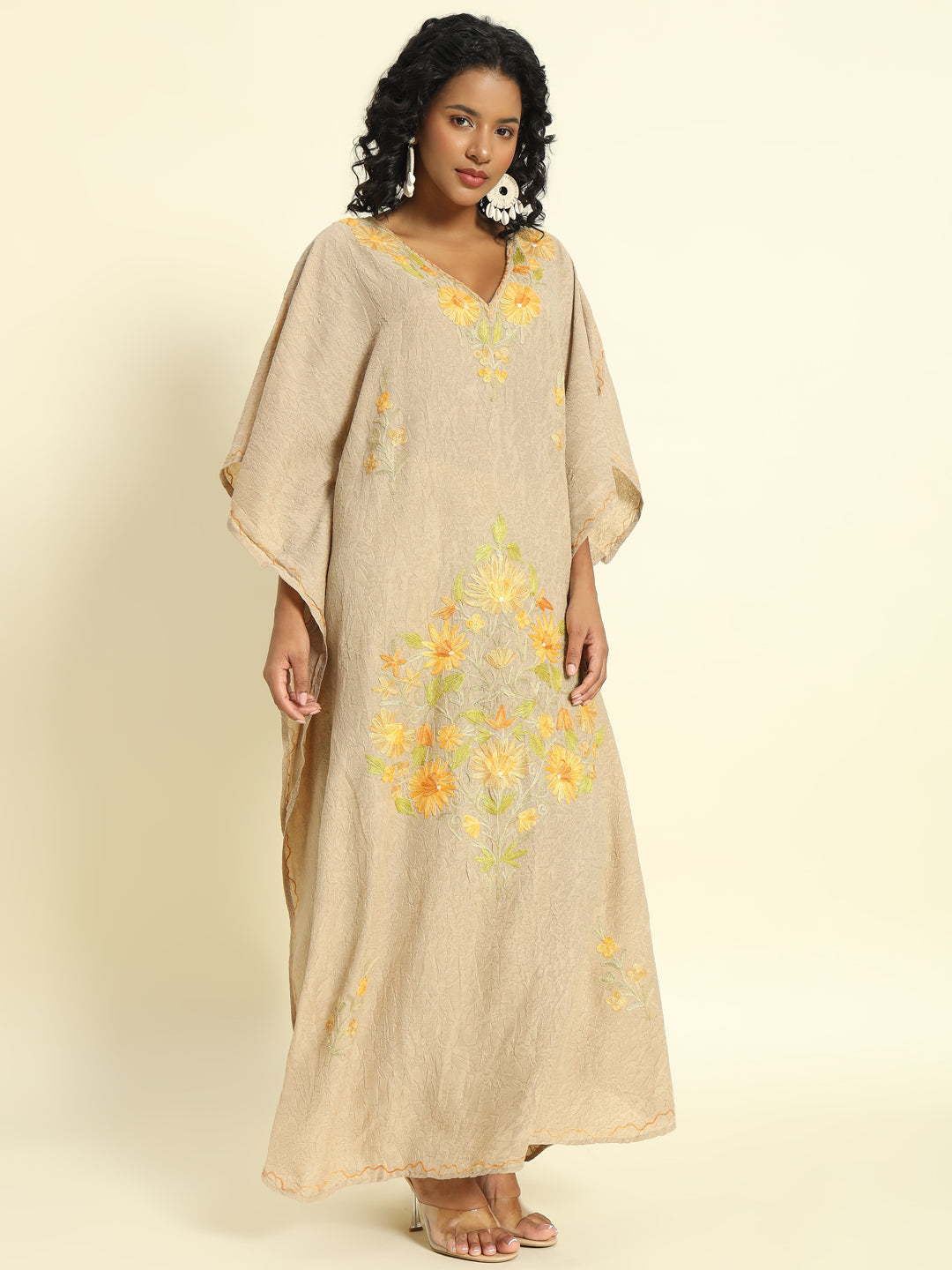 Beige Cotton Kaftan with Yellow and Orange Floral Embroidery – THE DAL SERIES