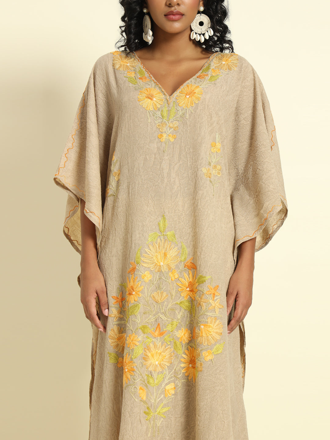 Beige Cotton Kaftan with Yellow and Orange Floral Embroidery – THE DAL SERIES