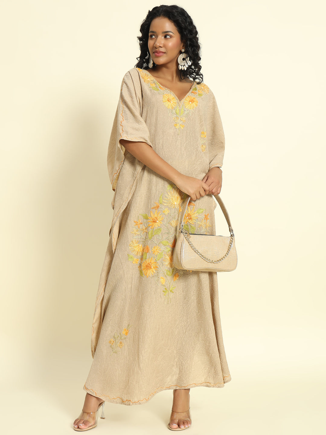 Beige Cotton Kaftan with Yellow and Orange Floral Embroidery – THE DAL SERIES