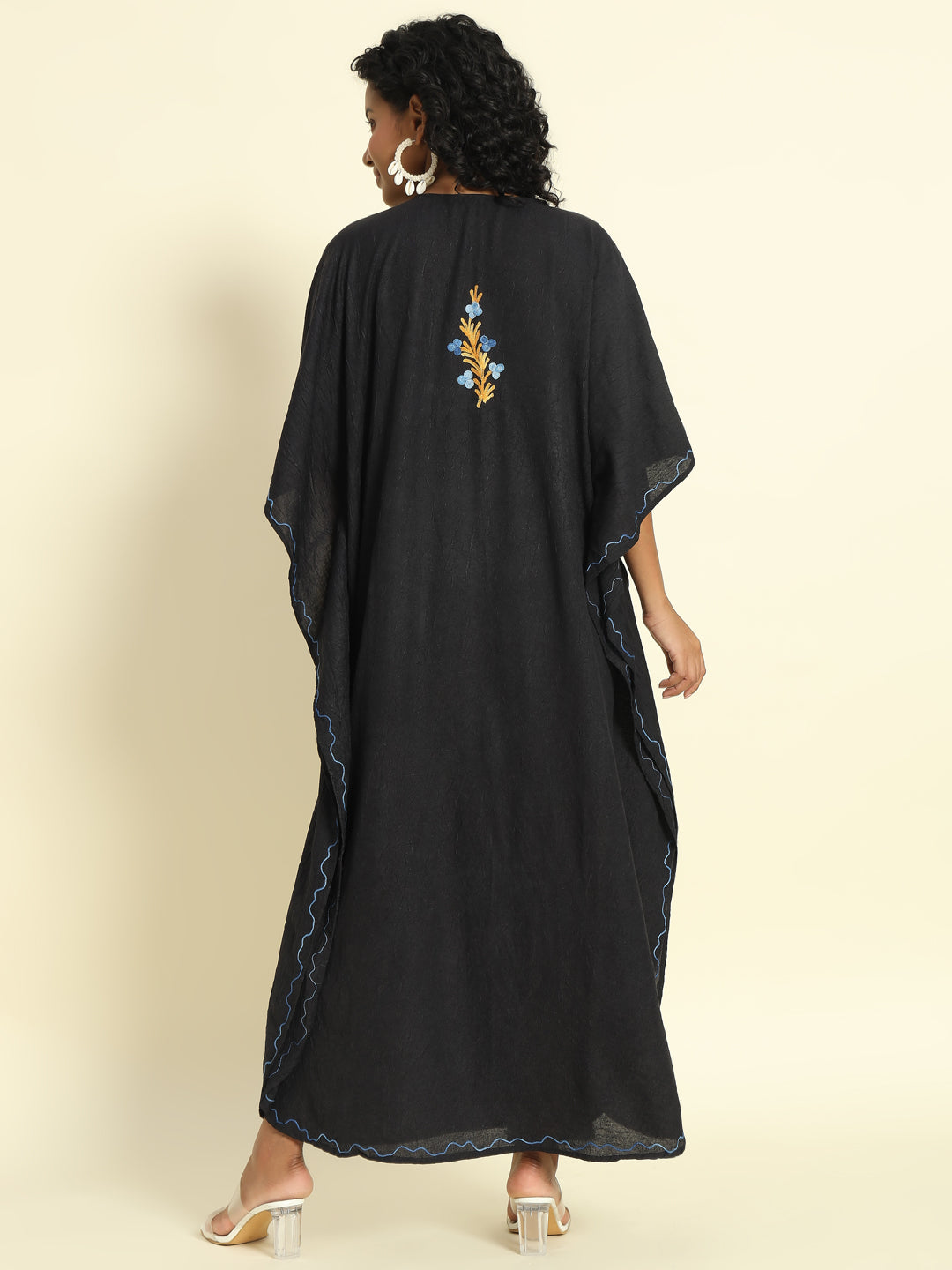 Noir Black Cotton Kaftan with Blue and Mustard Aari Embroidery – THE DAL SERIES