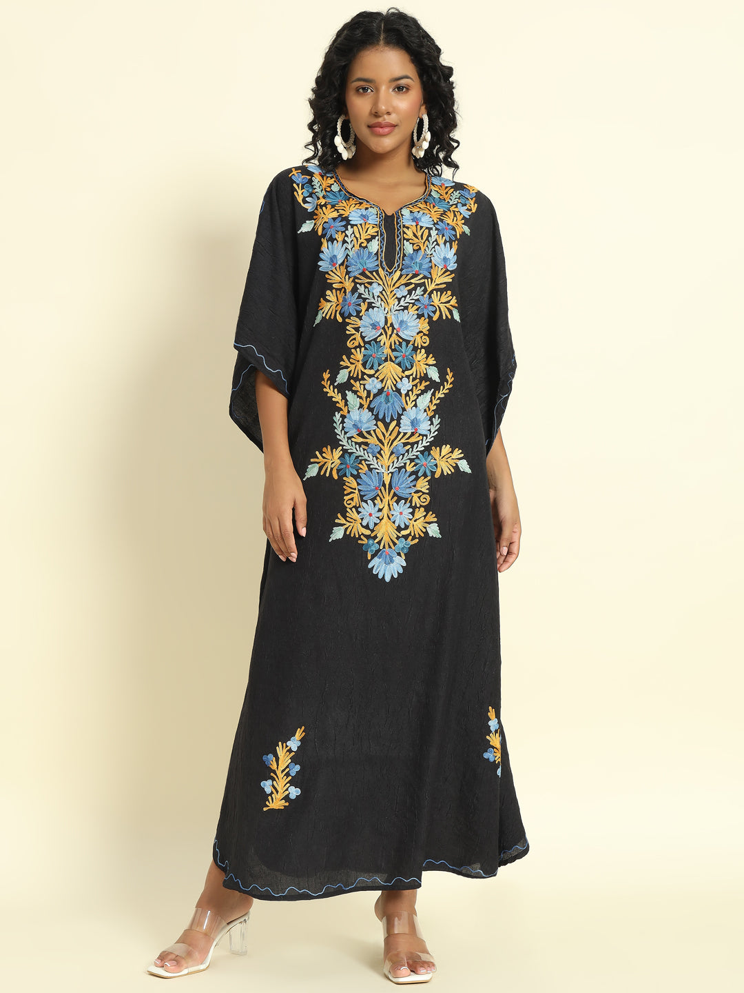 Noir Black Cotton Kaftan with Blue and Mustard Aari Embroidery – THE DAL SERIES