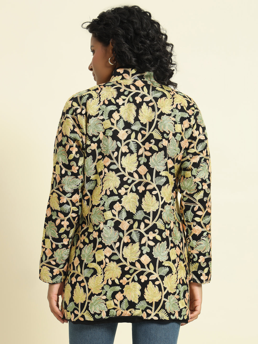 Gulmarg Series: Black Woolen Chinar Mesh Aari Short Coat (Green)