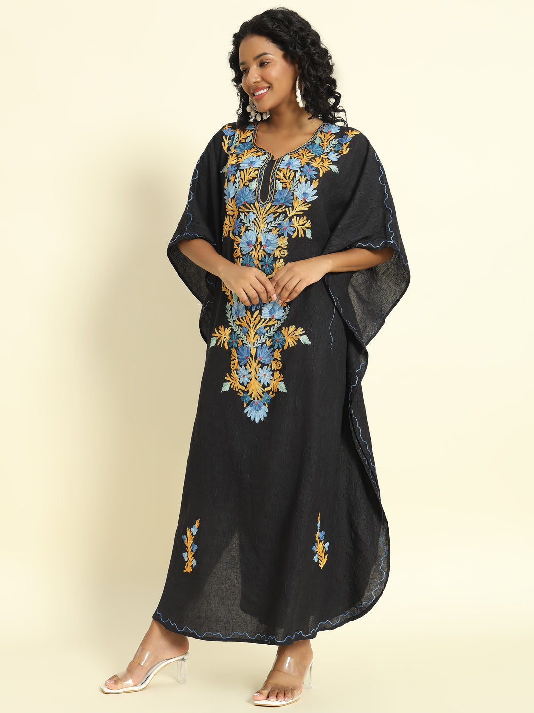 Noir Black Cotton Kaftan with Blue and Mustard Aari Embroidery – THE DAL SERIES