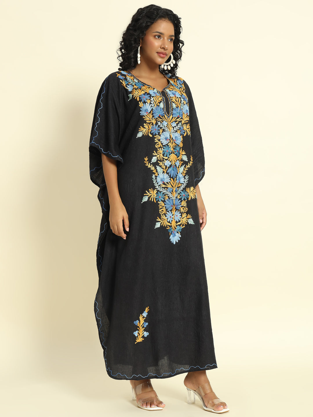Noir Black Cotton Kaftan with Blue and Mustard Aari Embroidery – THE DAL SERIES
