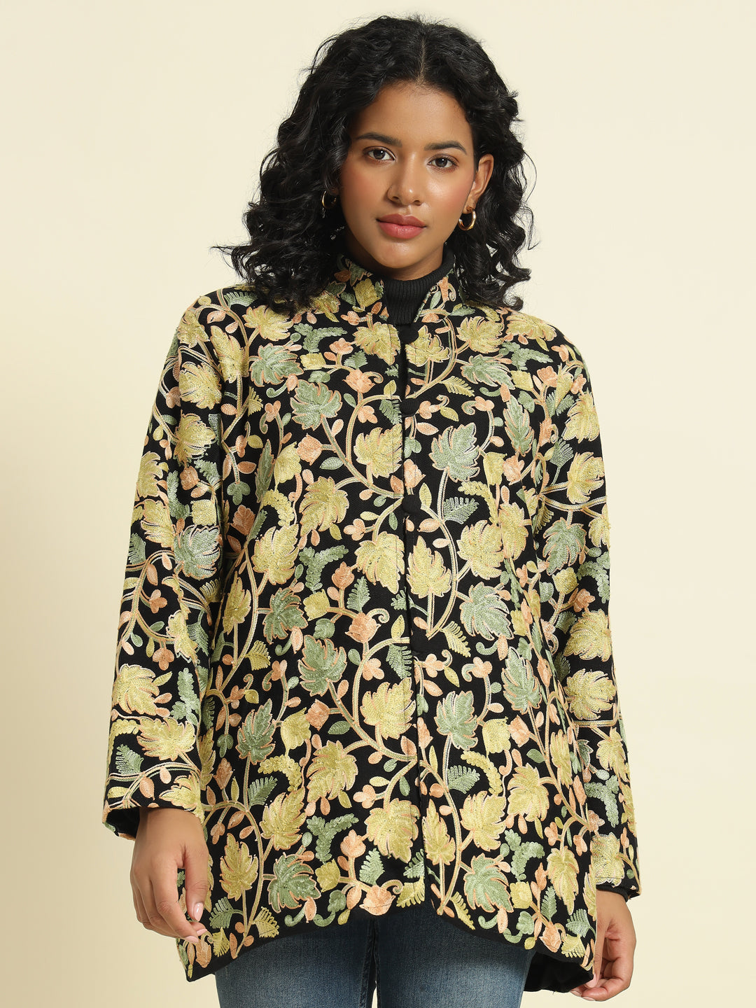 Gulmarg Series: Black Woolen Chinar Mesh Aari Short Coat (Green)