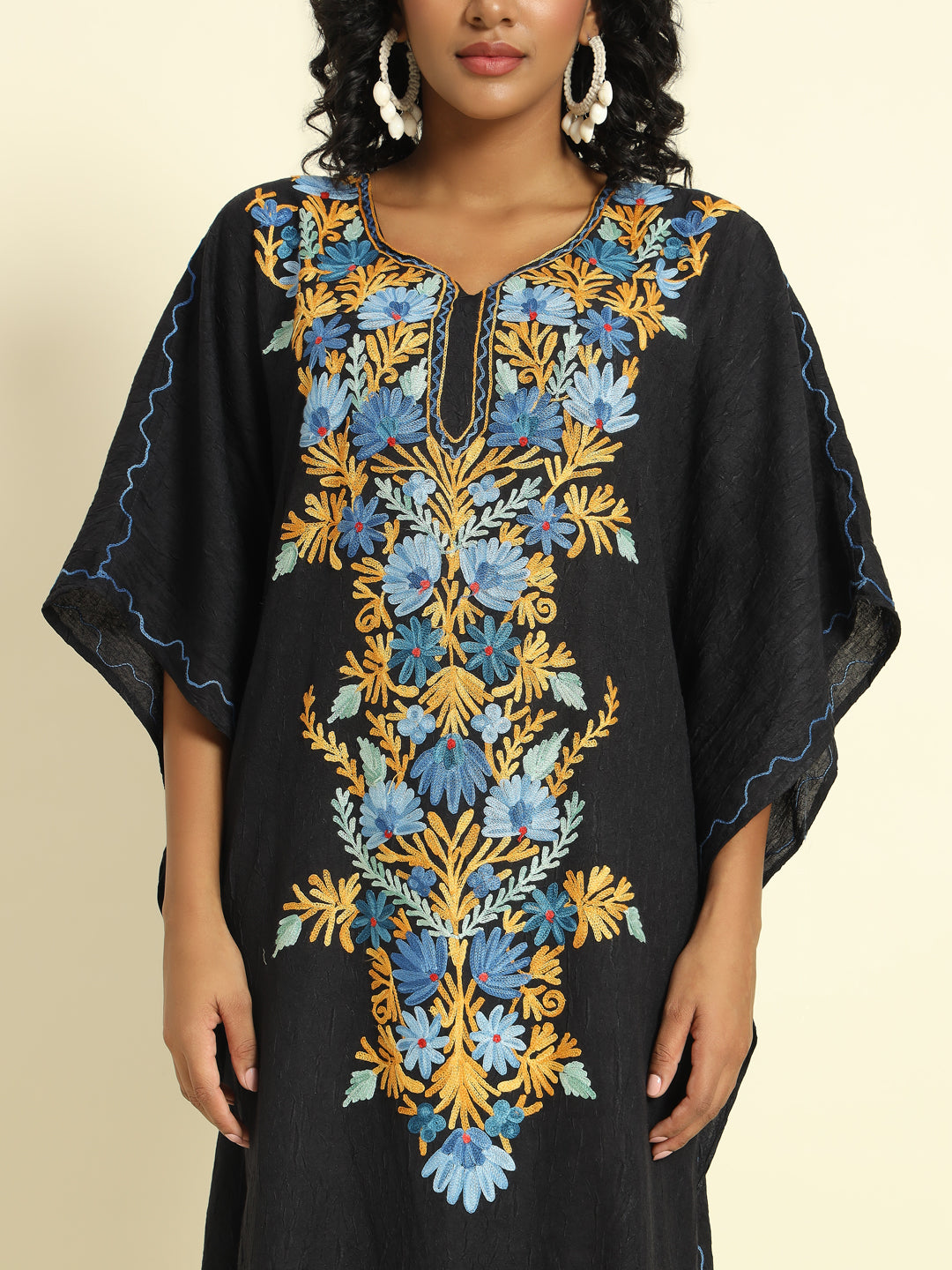 Noir Black Cotton Kaftan with Blue and Mustard Aari Embroidery – THE DAL SERIES