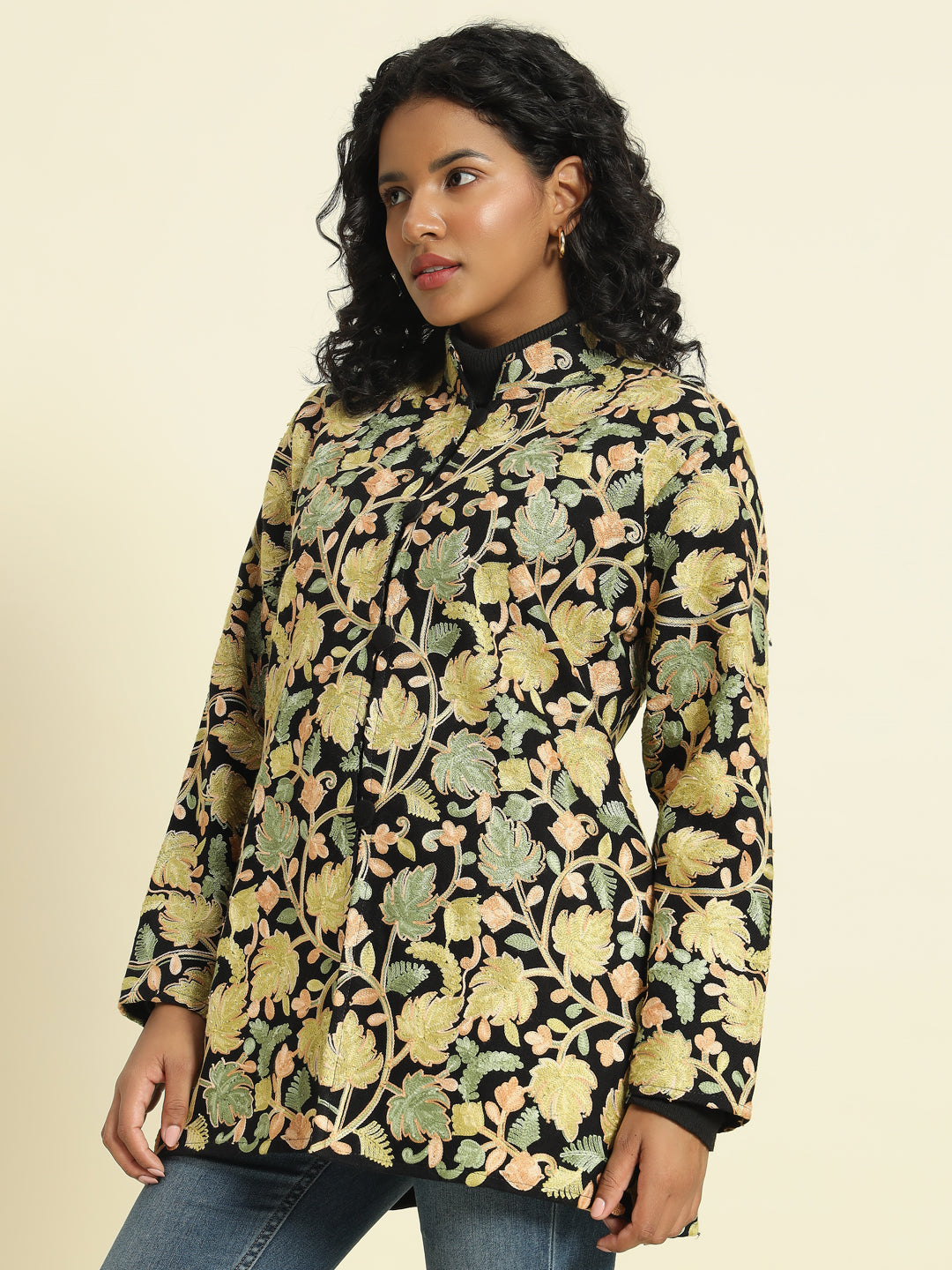 Gulmarg Series: Black Woolen Chinar Mesh Aari Short Coat (Green)