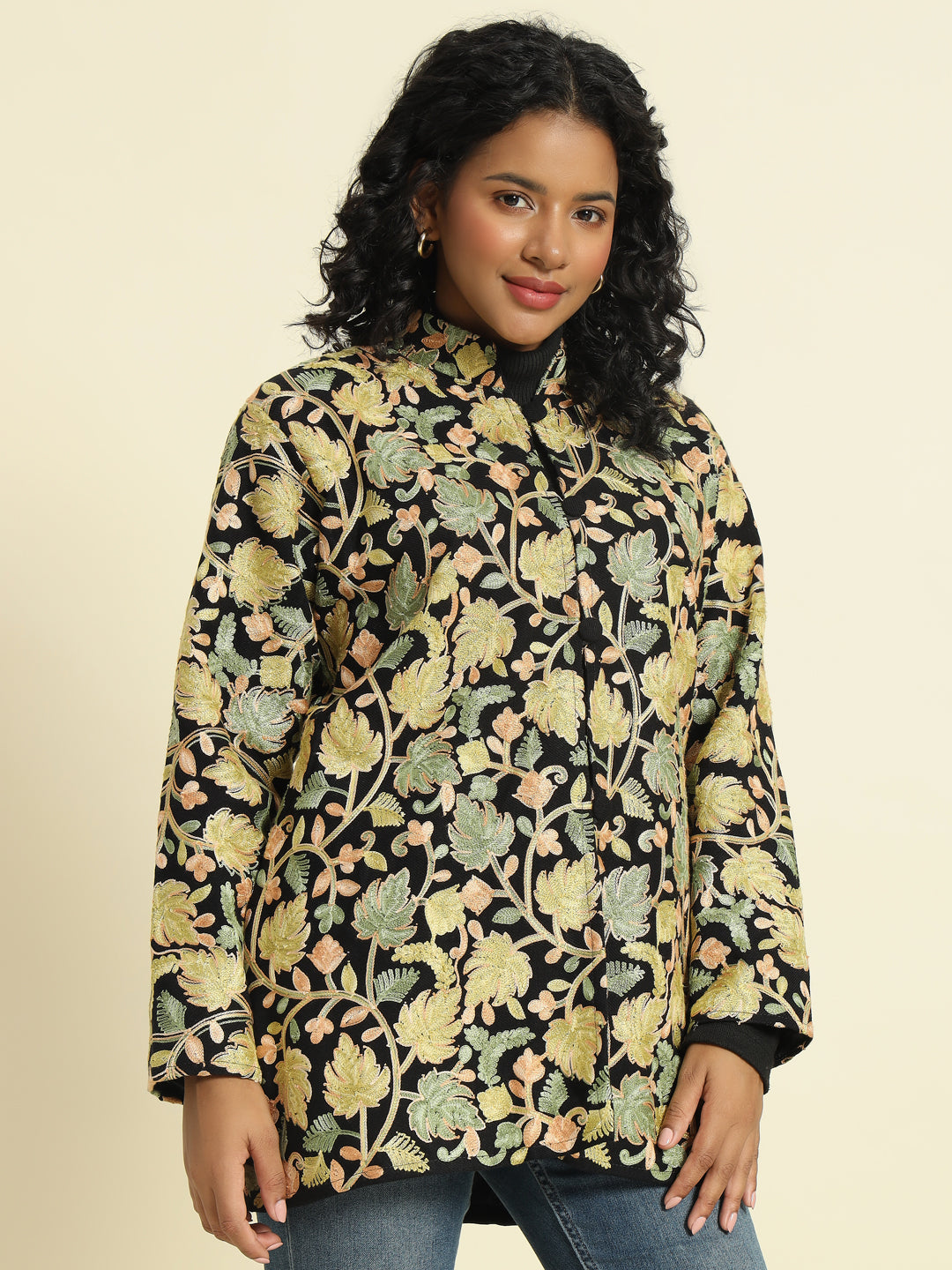 Gulmarg Series: Black Woolen Chinar Mesh Aari Short Coat (Green)