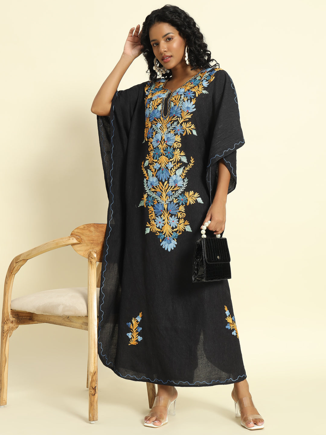 Noir Black Cotton Kaftan with Blue and Mustard Aari Embroidery – THE DAL SERIES