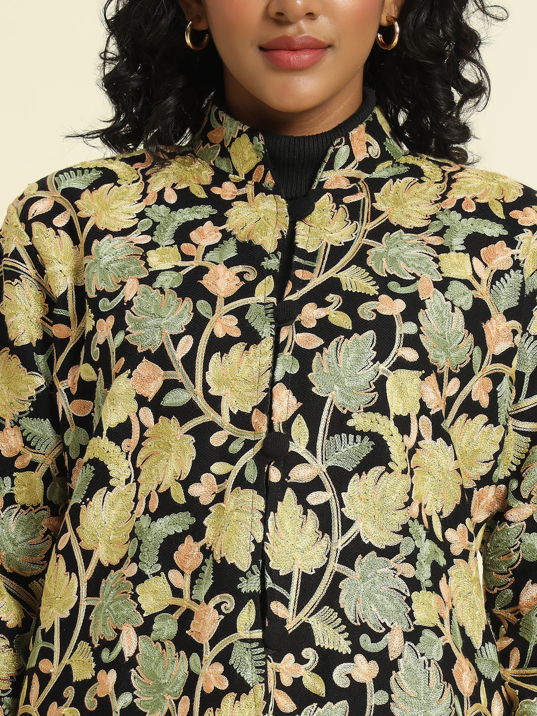 Gulmarg Series: Black Woolen Chinar Mesh Aari Short Coat (Green)