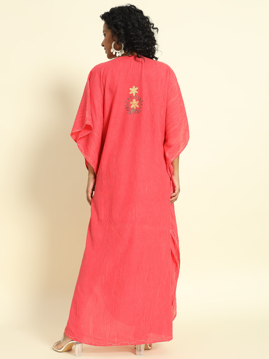 Coral Pink Cotton Kaftan with Yellow and Peach Embroidery – THE DAL SERIES