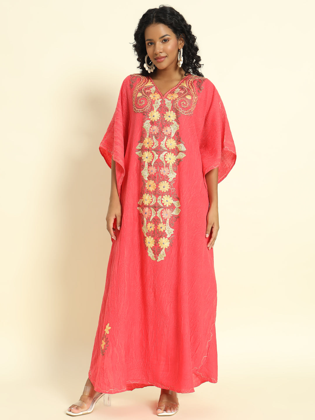 Coral Pink Cotton Kaftan with Yellow and Peach Embroidery – THE DAL SERIES