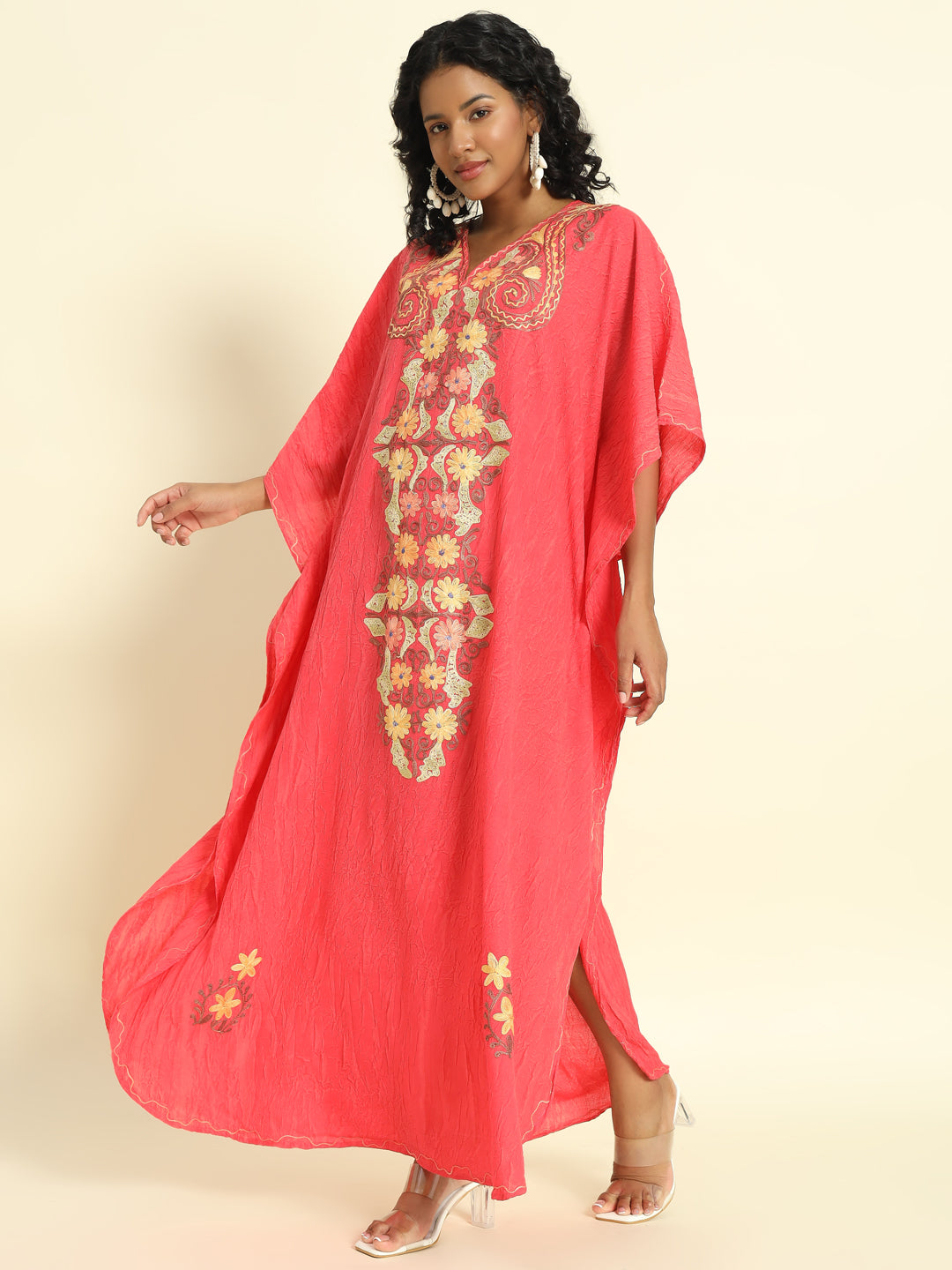 Coral Pink Cotton Kaftan with Yellow and Peach Embroidery – THE DAL SERIES