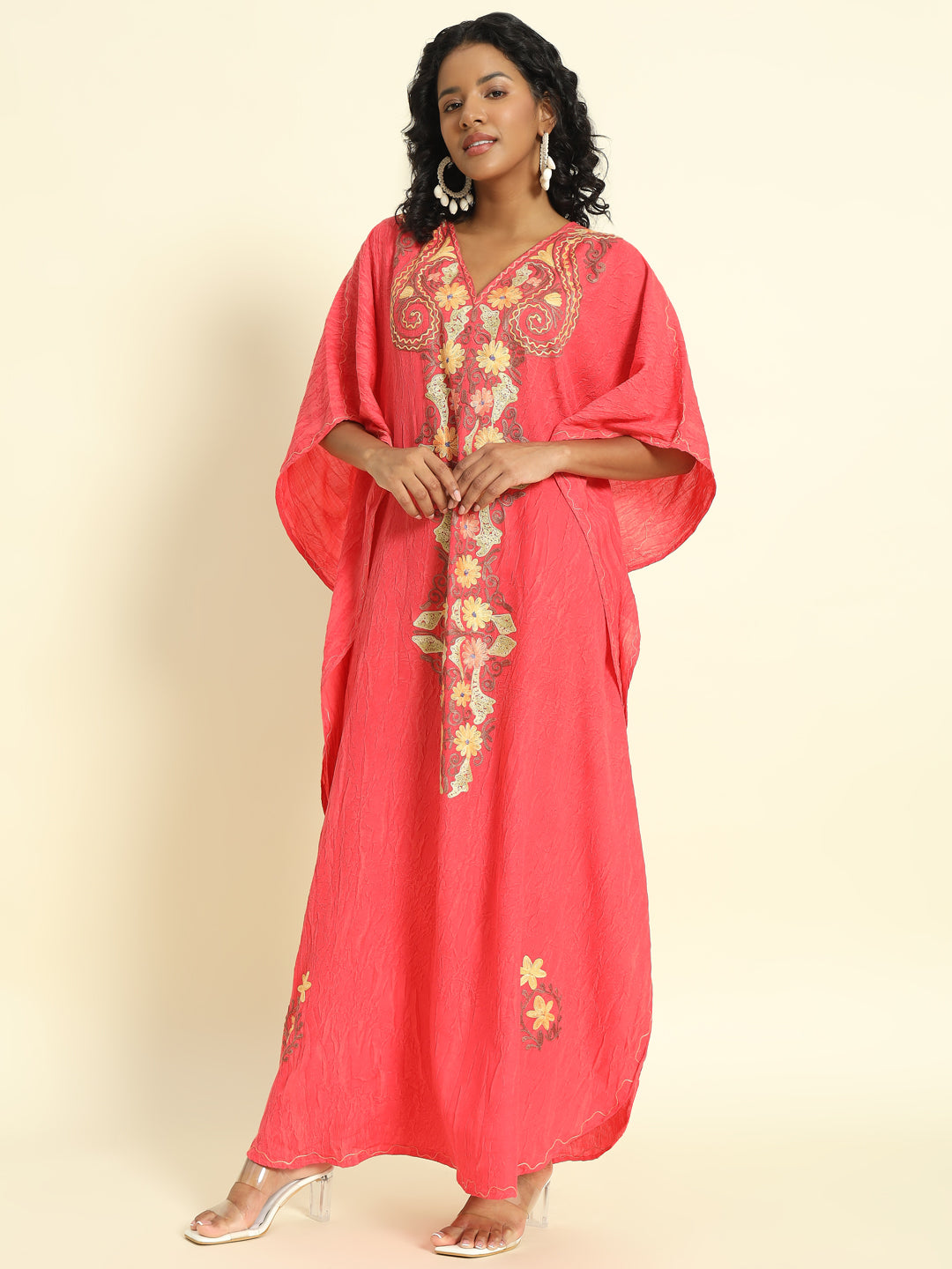 Coral Pink Cotton Kaftan with Yellow and Peach Embroidery – THE DAL SERIES