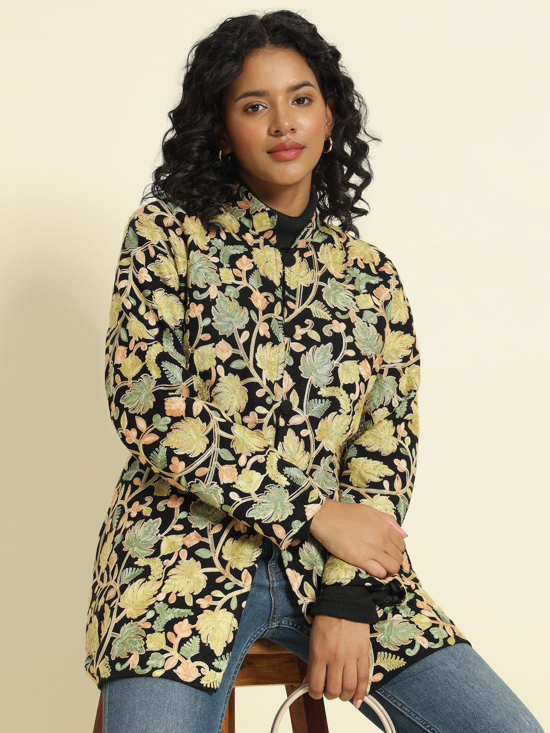 Gulmarg Series: Black Woolen Chinar Mesh Aari Short Coat (Green)