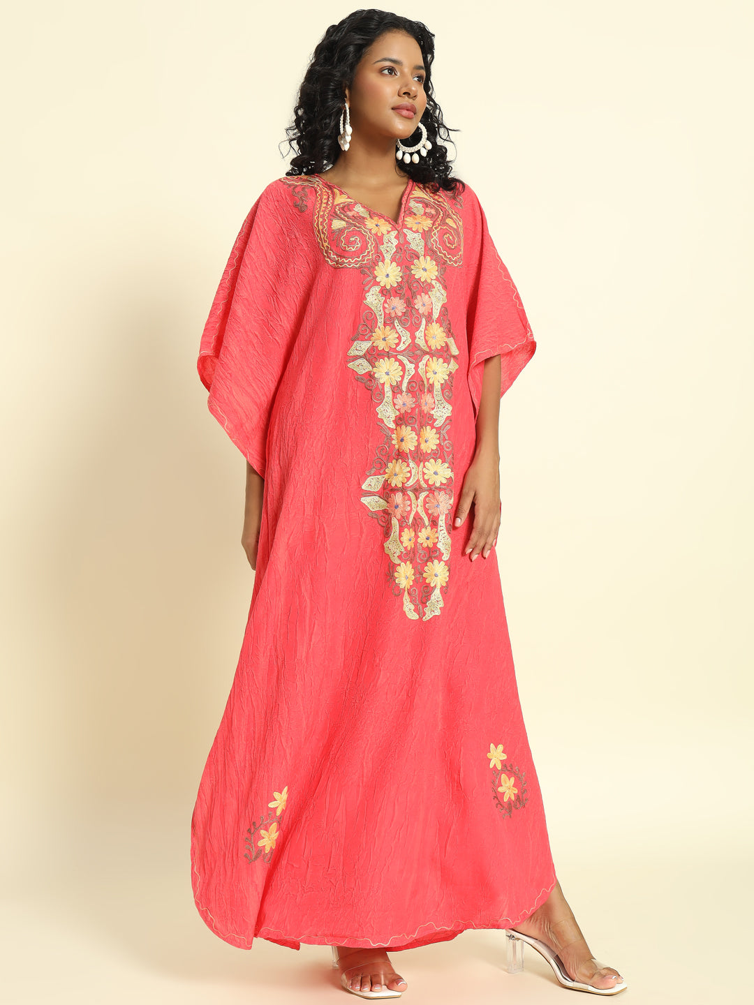 Coral Pink Cotton Kaftan with Yellow and Peach Embroidery – THE DAL SERIES