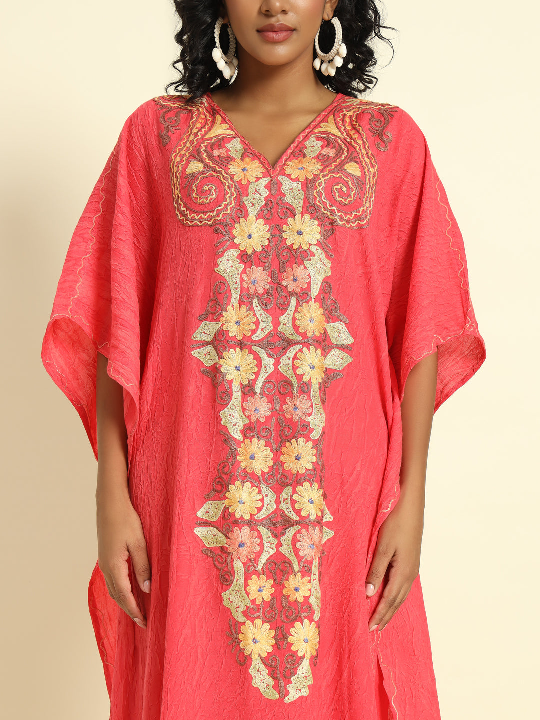 Coral Pink Cotton Kaftan with Yellow and Peach Embroidery – THE DAL SERIES