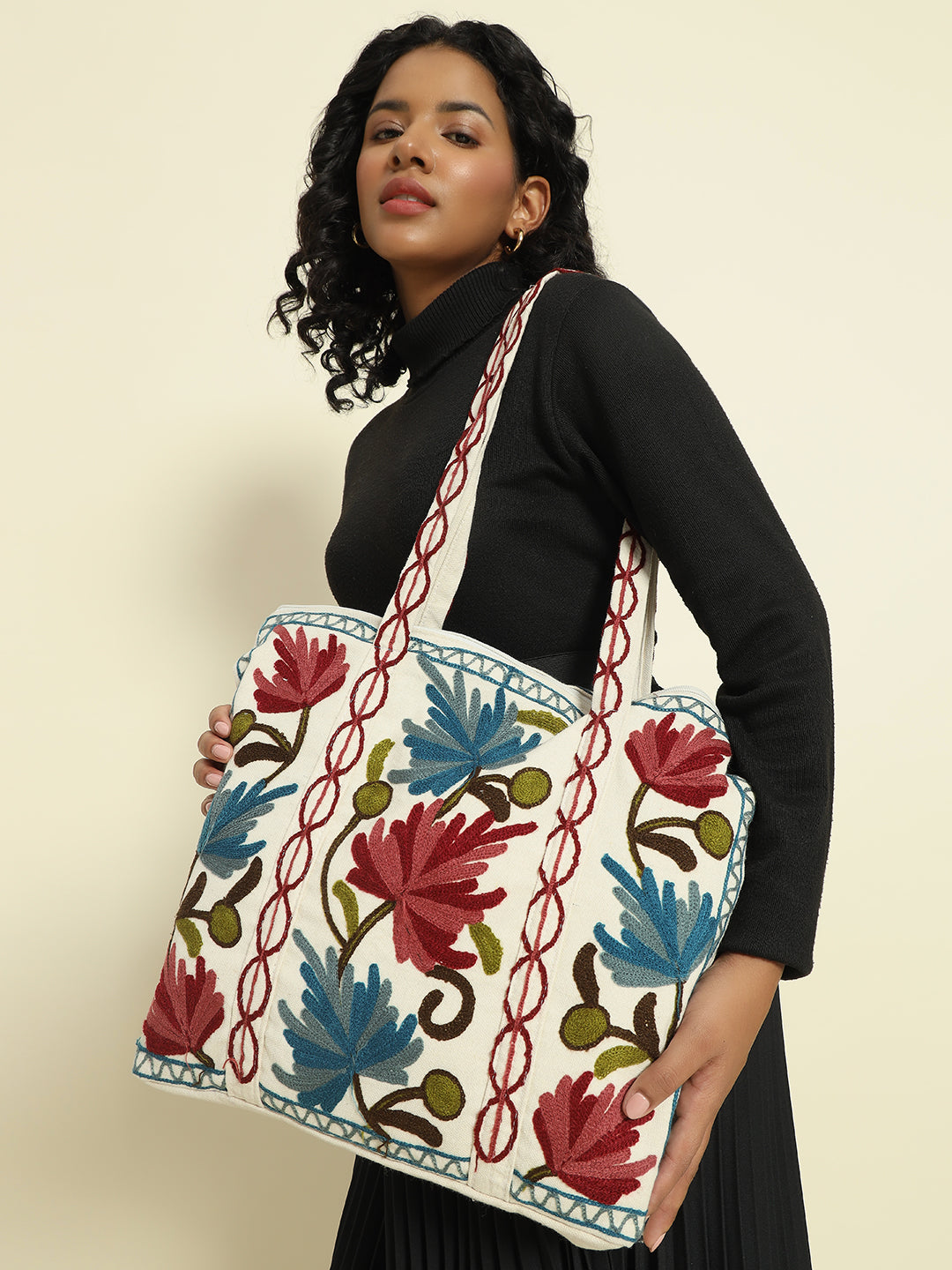 Gulmarg Series: Snowlace White Crewel Embroidered Tote Bag