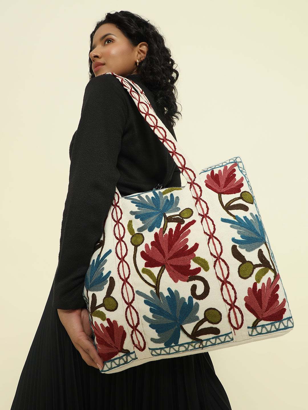 Gulmarg Series: Snowlace White Crewel Embroidered Tote Bag