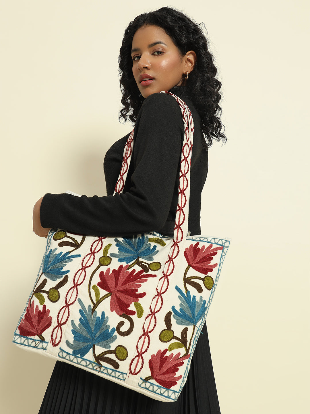Gulmarg Series: Snowlace White Crewel Embroidered Tote Bag
