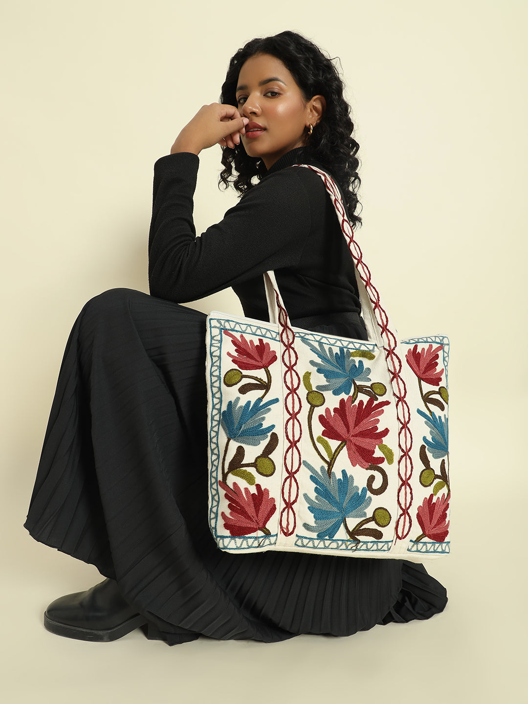 Gulmarg Series: Snowlace White Crewel Embroidered Tote Bag