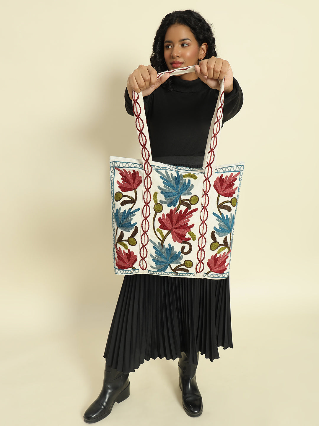 Gulmarg Series: Snowlace White Crewel Embroidered Tote Bag