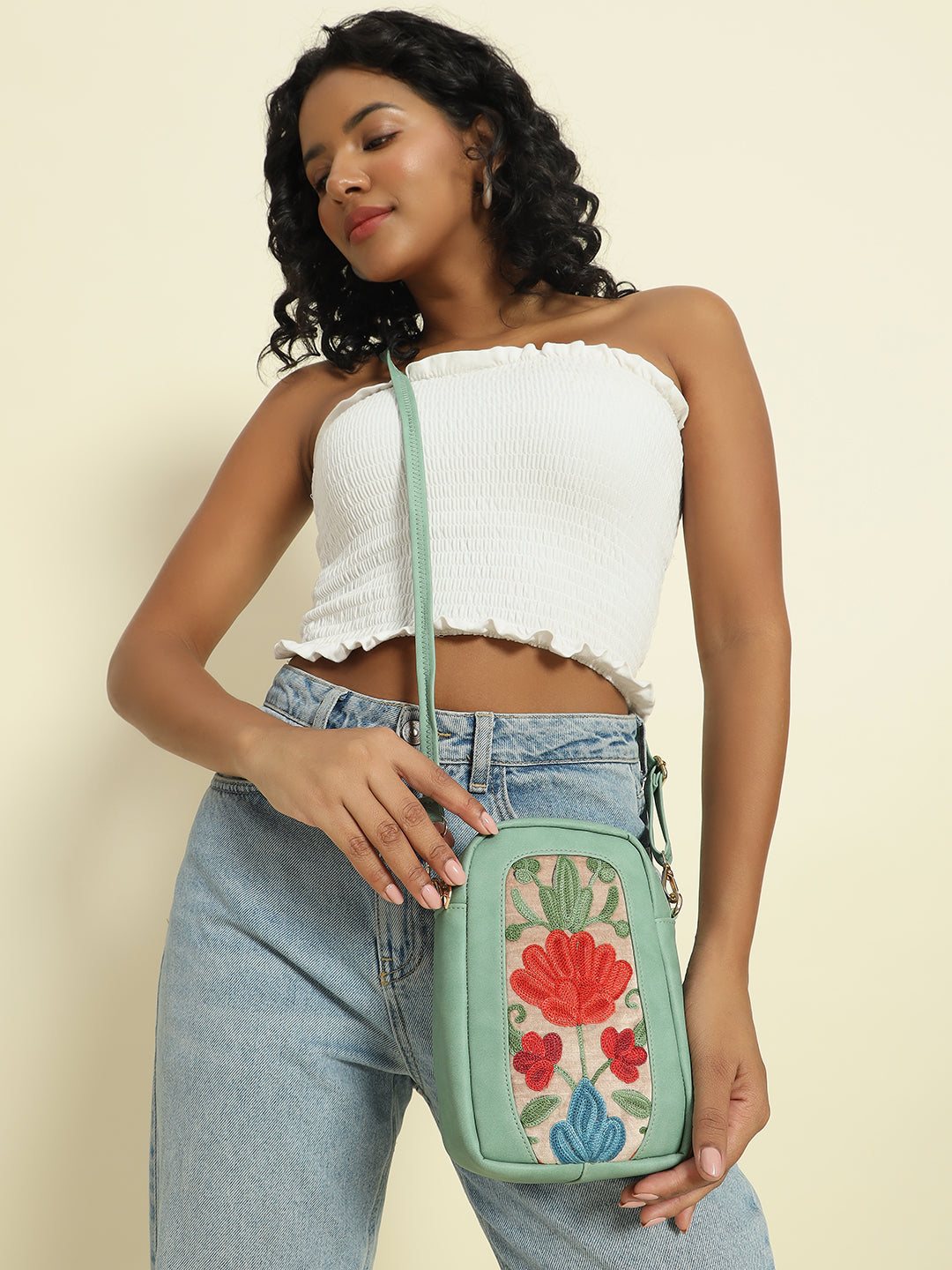 Meadow Mint PU Mini Crossbody Bag with Kashmiri Embroidery