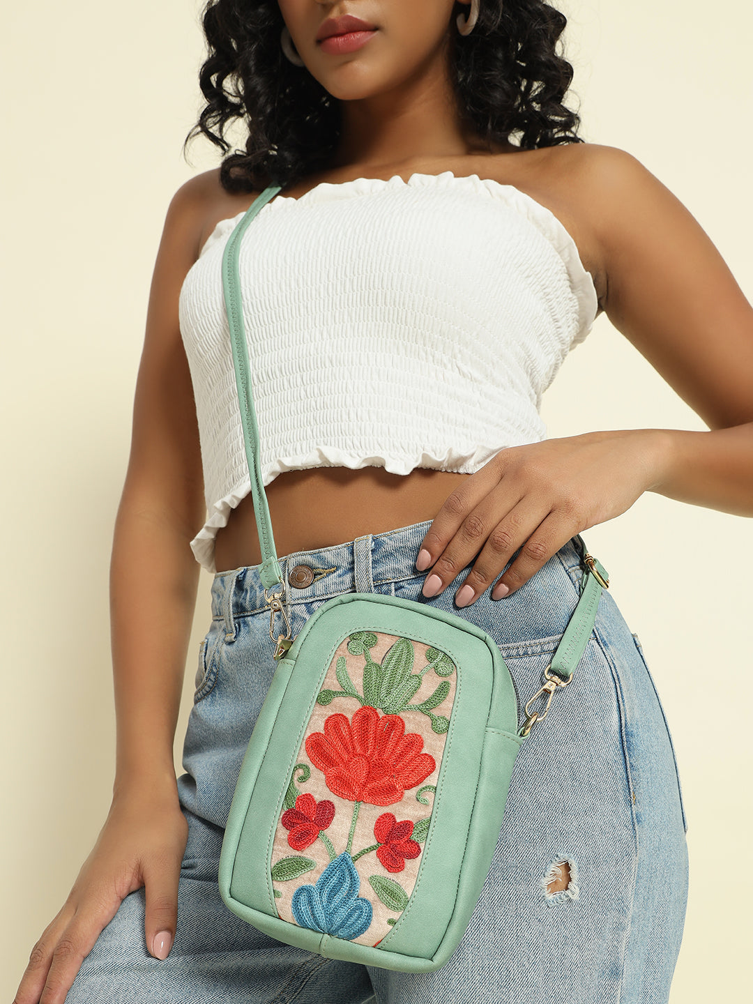 Meadow Mint PU Mini Crossbody Bag with Kashmiri Embroidery