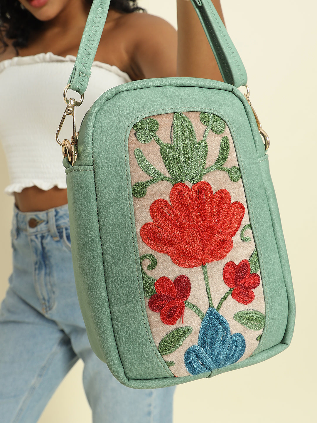Meadow Mint PU Mini Crossbody Bag with Kashmiri Embroidery