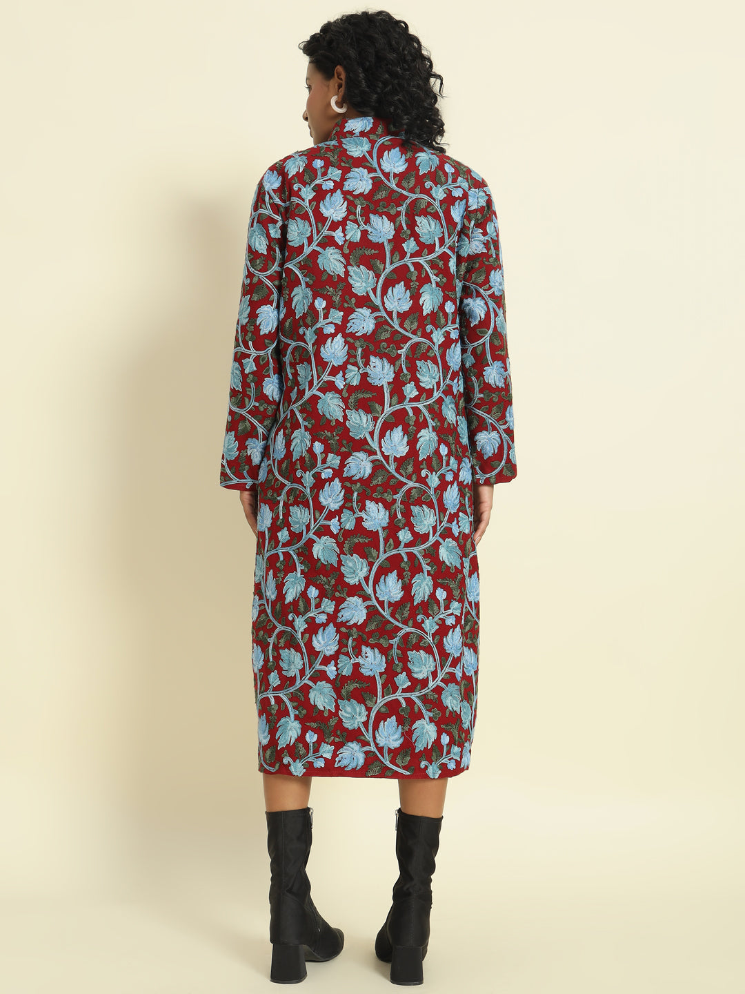 Gulmarg Series: Maroon Woolen Chinar Mesh Aari Long Coat