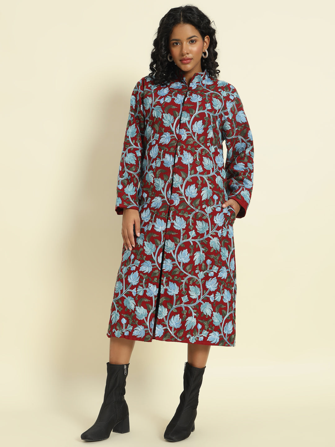 Gulmarg Series: Maroon Woolen Chinar Mesh Aari Long Coat