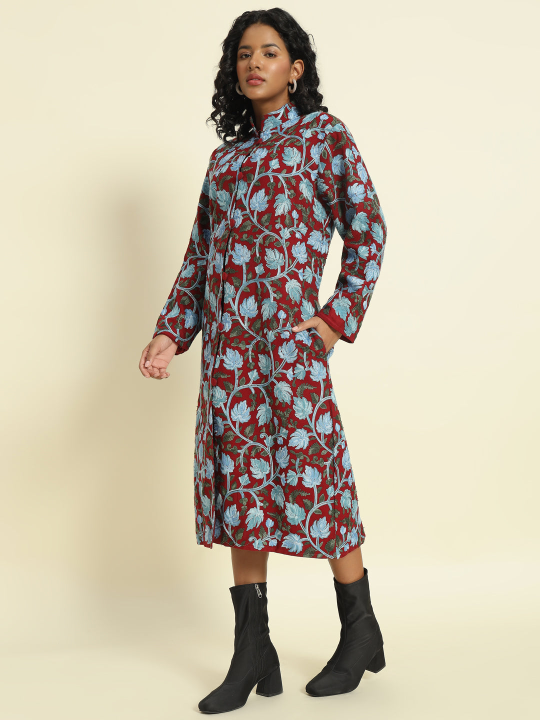 Gulmarg Series: Maroon Woolen Chinar Mesh Aari Long Coat