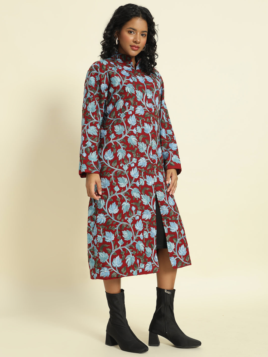 Gulmarg Series: Maroon Woolen Chinar Mesh Aari Long Coat