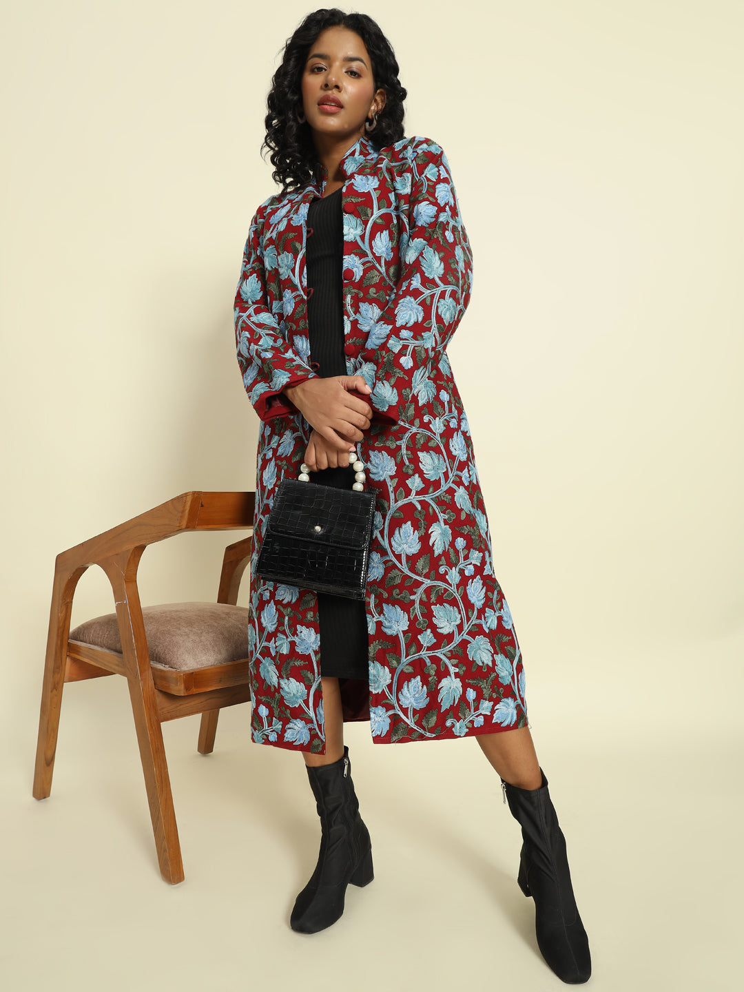 Gulmarg Series: Maroon Woolen Chinar Mesh Aari Long Coat