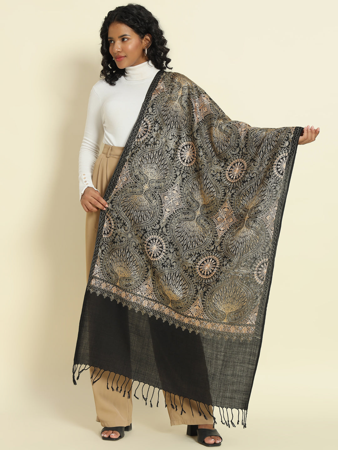 Gulmarg Series: Pride Black Polywool Aari Stole