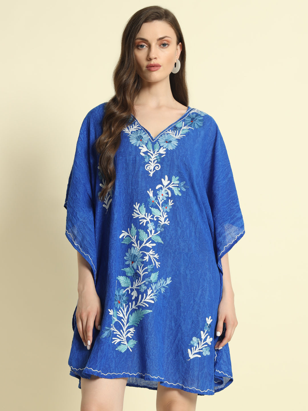 Royal Blue Cotton Short Kaftan with White and Teal Embroidery – THE DAL SERIES