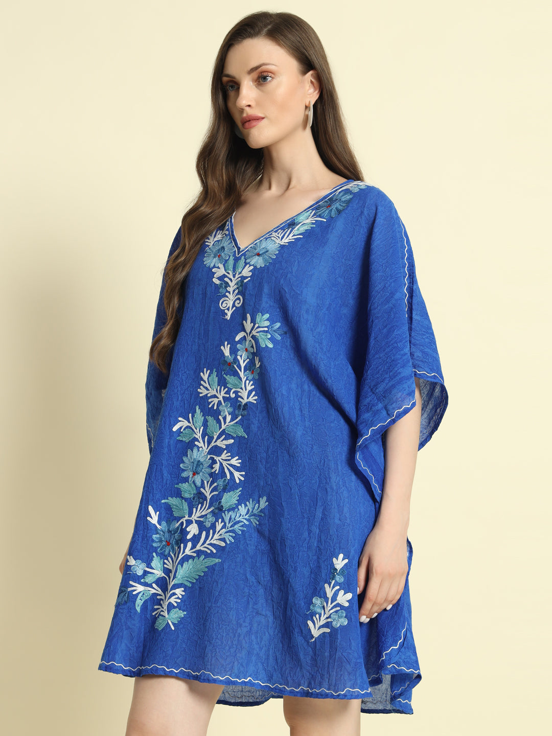 Royal Blue Cotton Short Kaftan with White and Teal Embroidery – THE DAL SERIES