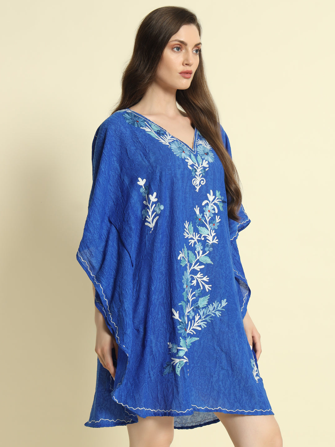 Royal Blue Cotton Short Kaftan with White and Teal Embroidery – THE DAL SERIES