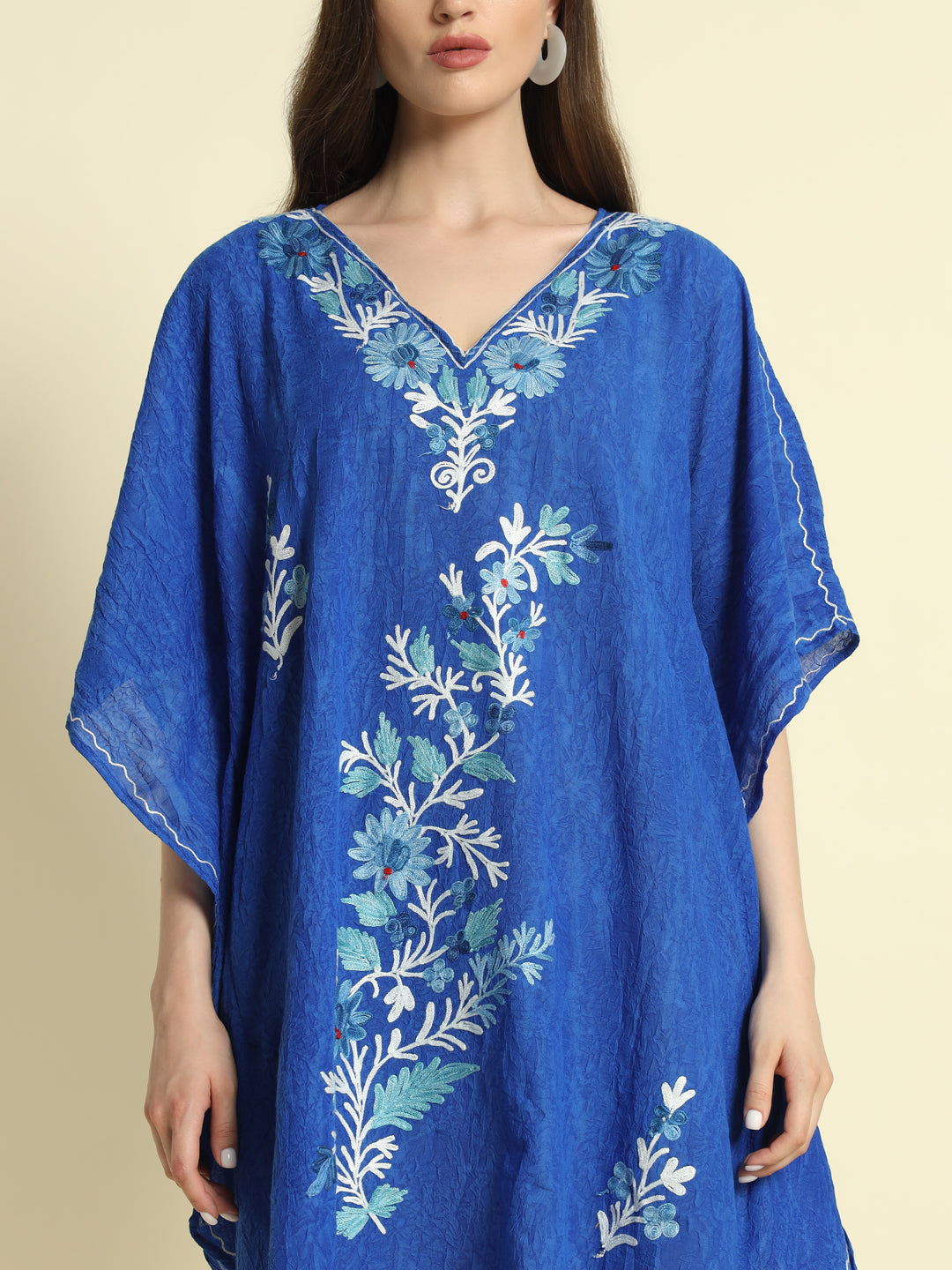 Royal Blue Cotton Short Kaftan with White and Teal Embroidery – THE DAL SERIES
