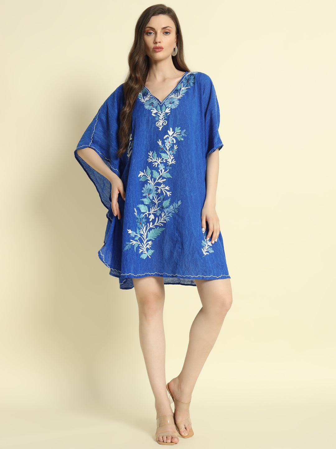 Royal Blue Cotton Short Kaftan with White and Teal Embroidery – THE DAL SERIES