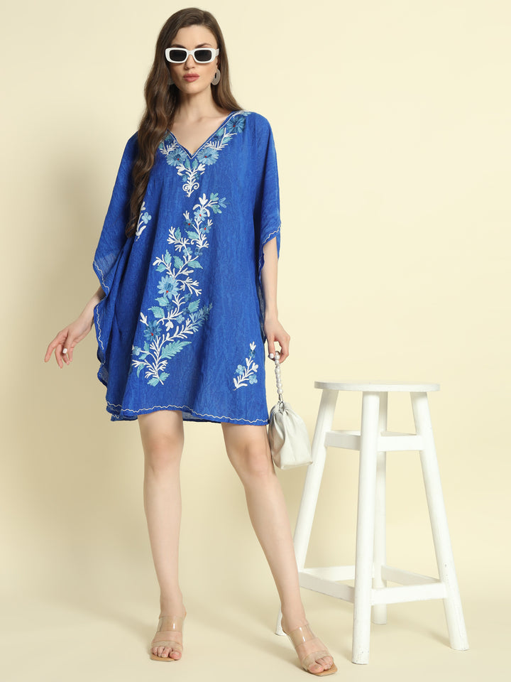 Royal Blue Cotton Short Kaftan with White and Teal Embroidery – THE DAL SERIES