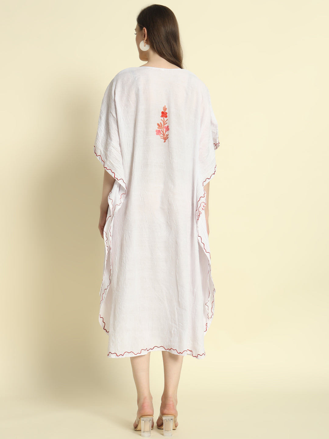 White Cotton Kaftan with Red and Pink Floral Embroidery – THE DAL SERIES