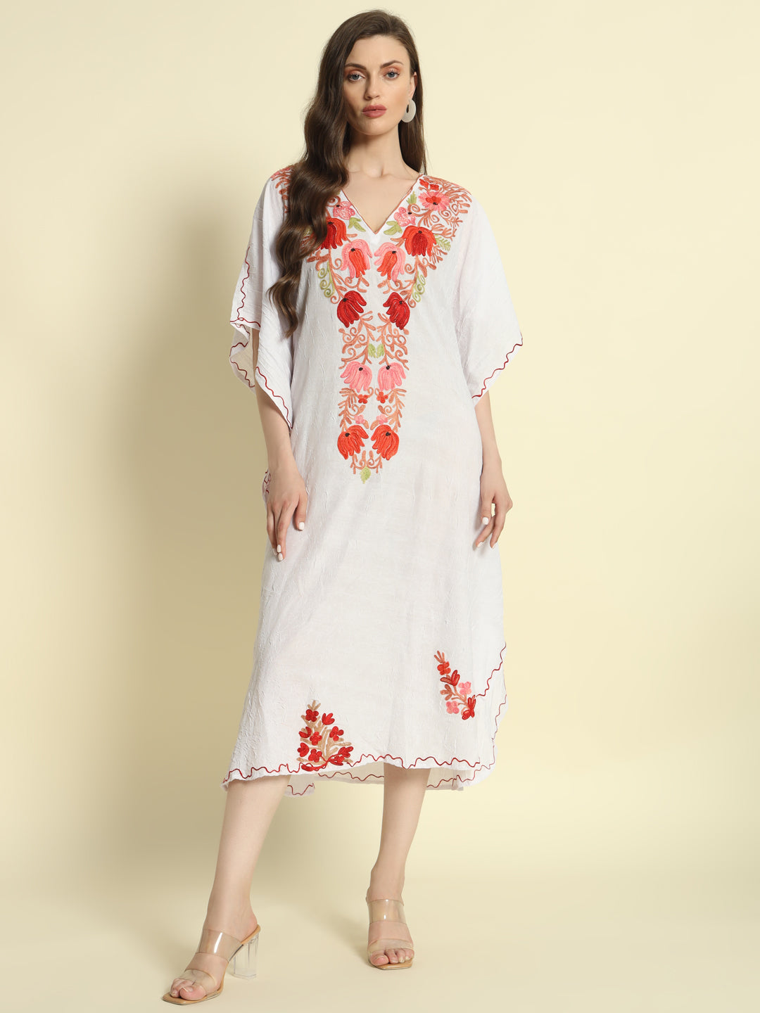 White Cotton Kaftan with Red and Pink Floral Embroidery – THE DAL SERIES