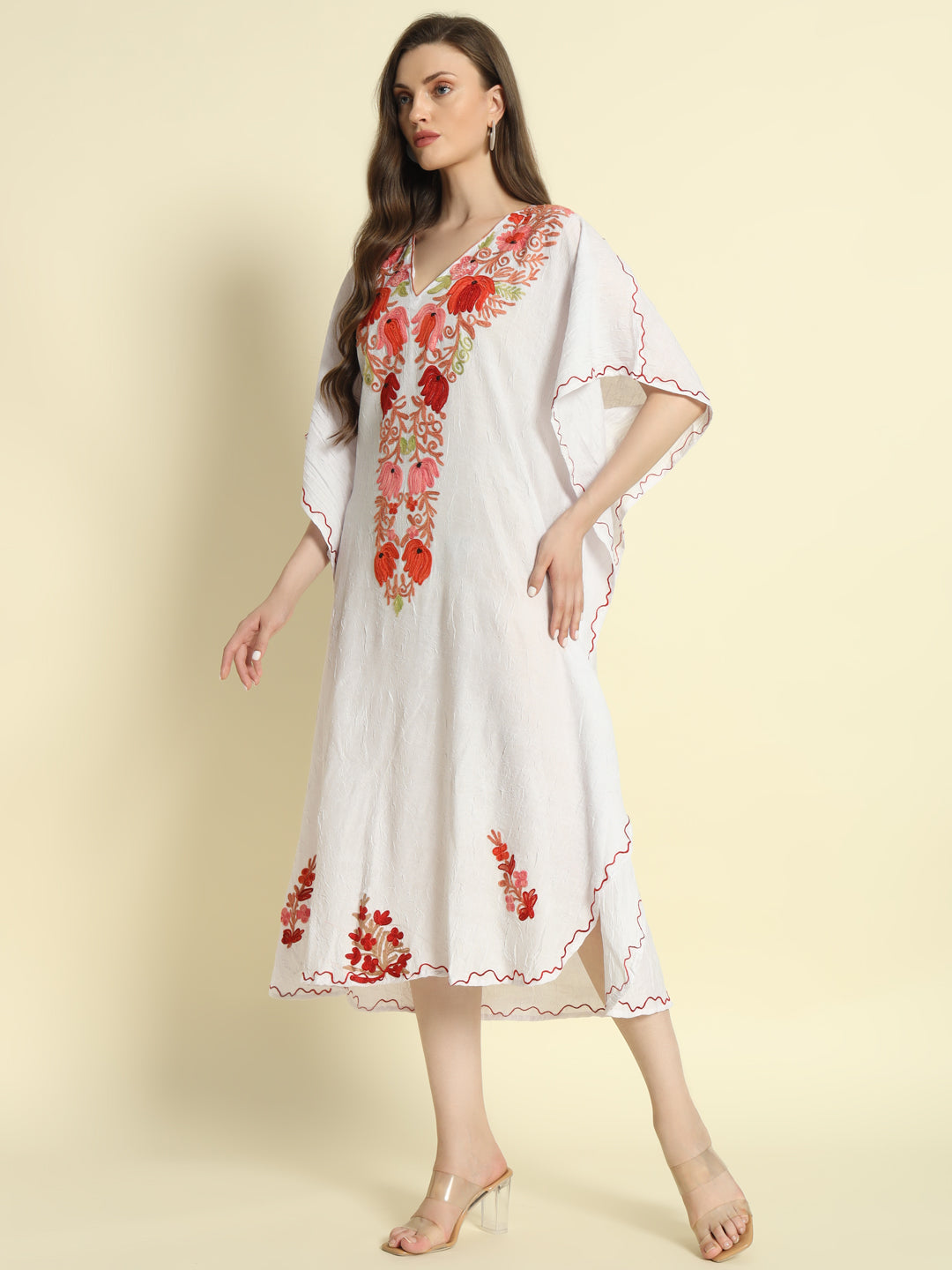 White Cotton Kaftan with Red and Pink Floral Embroidery – THE DAL SERIES